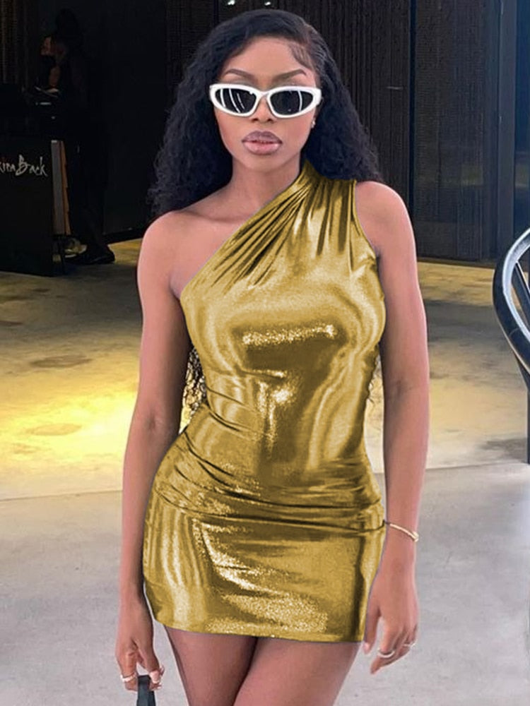 Camila - Vestido corto brillante asimétrico de un hombro para mujer
