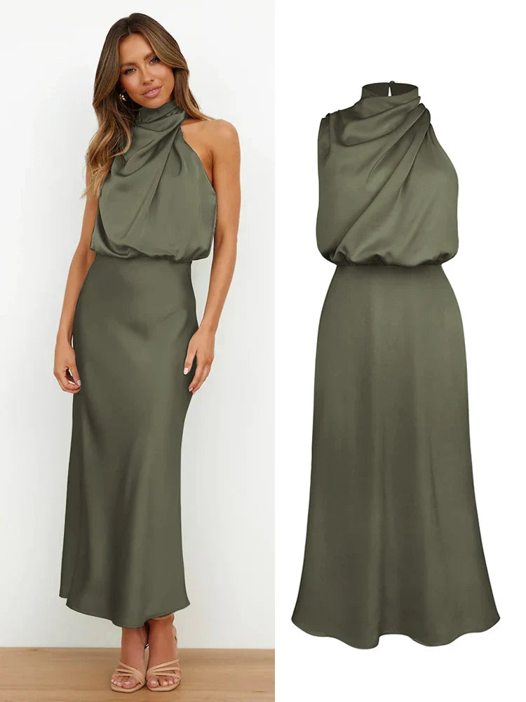Isidora - Vestido satinado sin mangas con cuello drapeado mujer