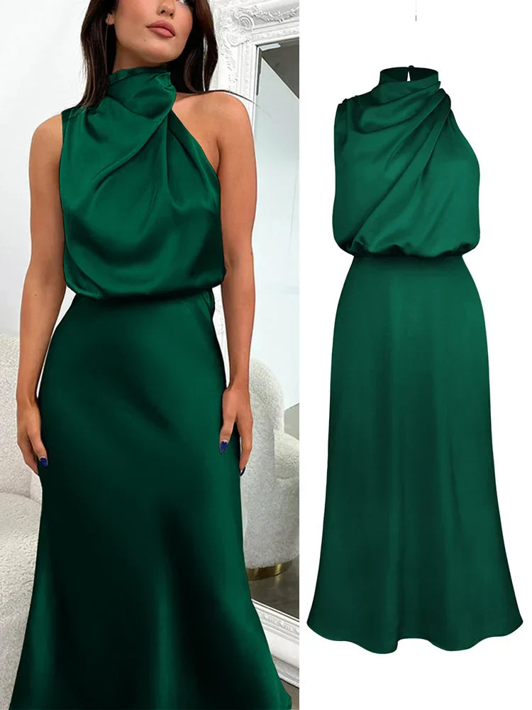 Isidora - Vestido satinado sin mangas con cuello drapeado mujer