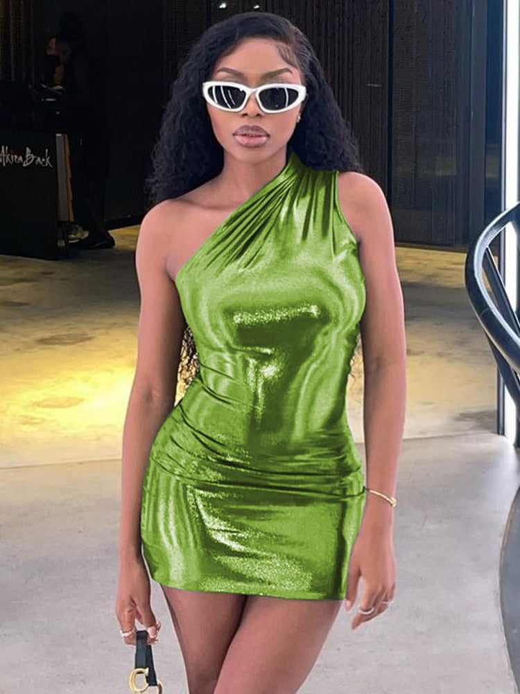 Camila - Vestido corto brillante asimétrico de un hombro para mujer
