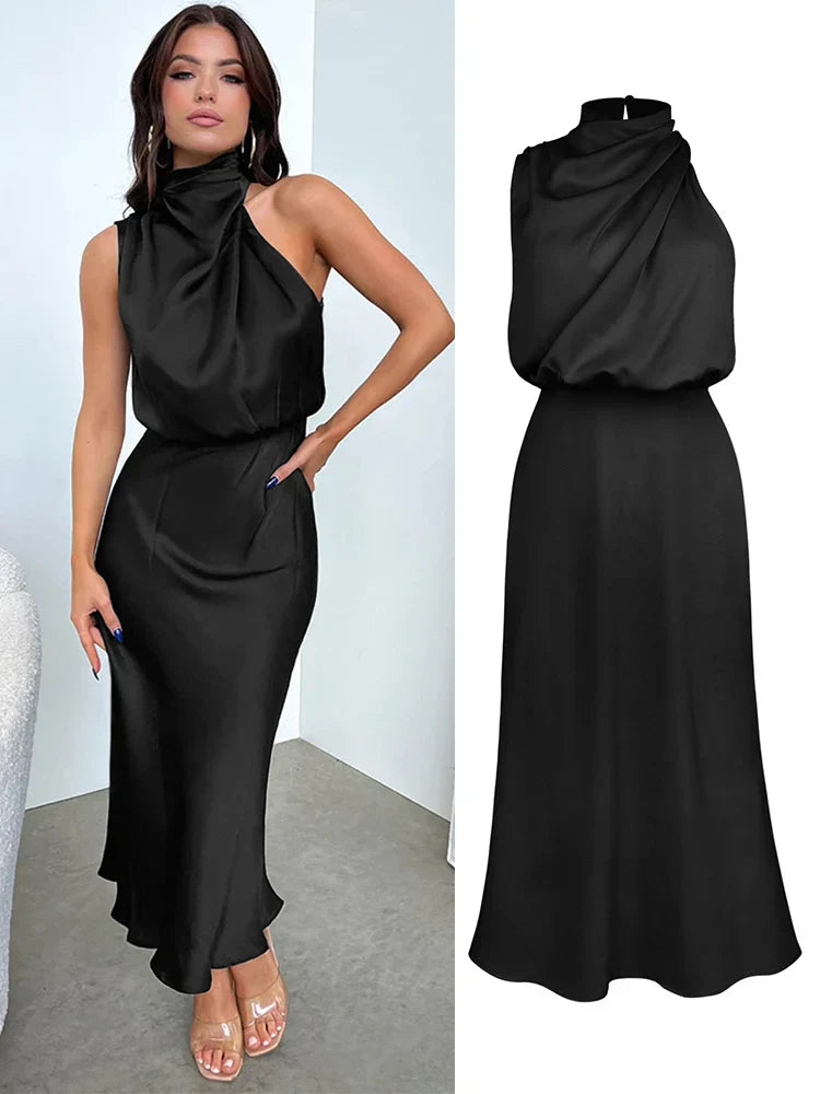 Isidora - Vestido satinado sin mangas con cuello drapeado mujer