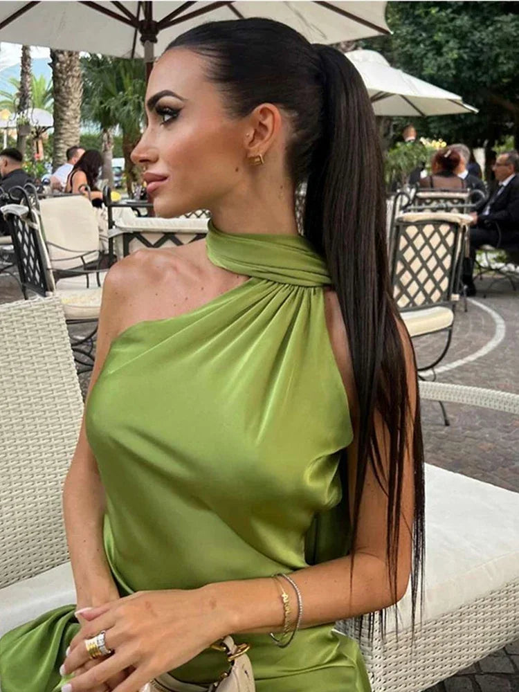 Daniela - Vestido largo satinado verde cuello halter mujer