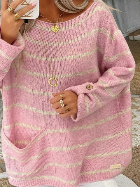 Marta - Suéter de mujer oversize a rayas con bolsillo delantero