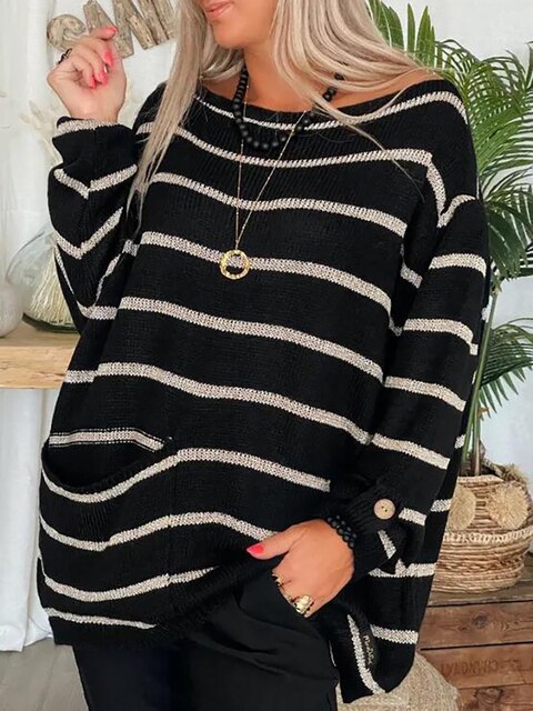 Marta - Suéter de mujer oversize a rayas con bolsillo delantero