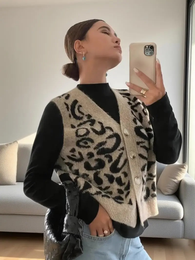 Claudia - Chaleco de mujer tejido con estampado animal print