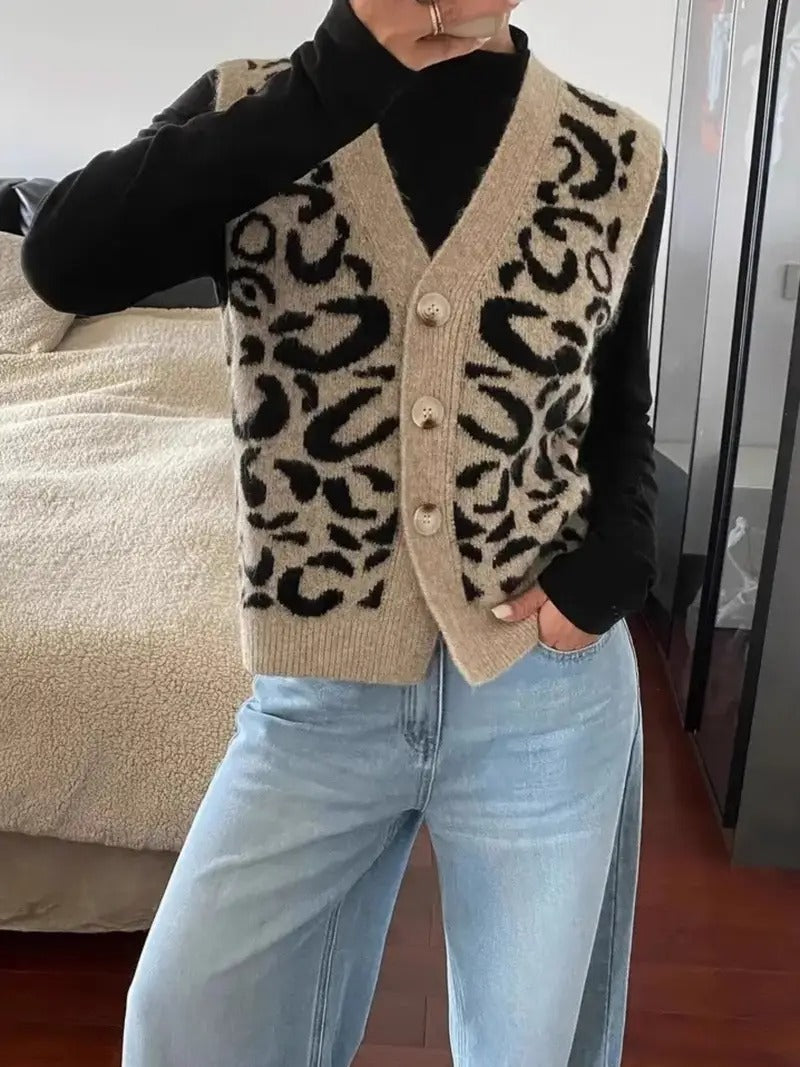 Claudia - Chaleco de mujer tejido con estampado animal print