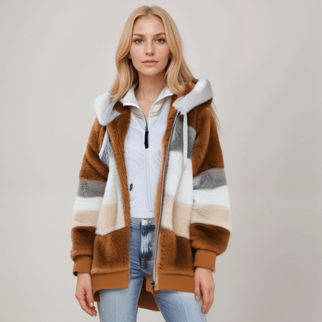 Natalia - Chaqueta de mujer con capucha y diseño a rayas en pelo sintético