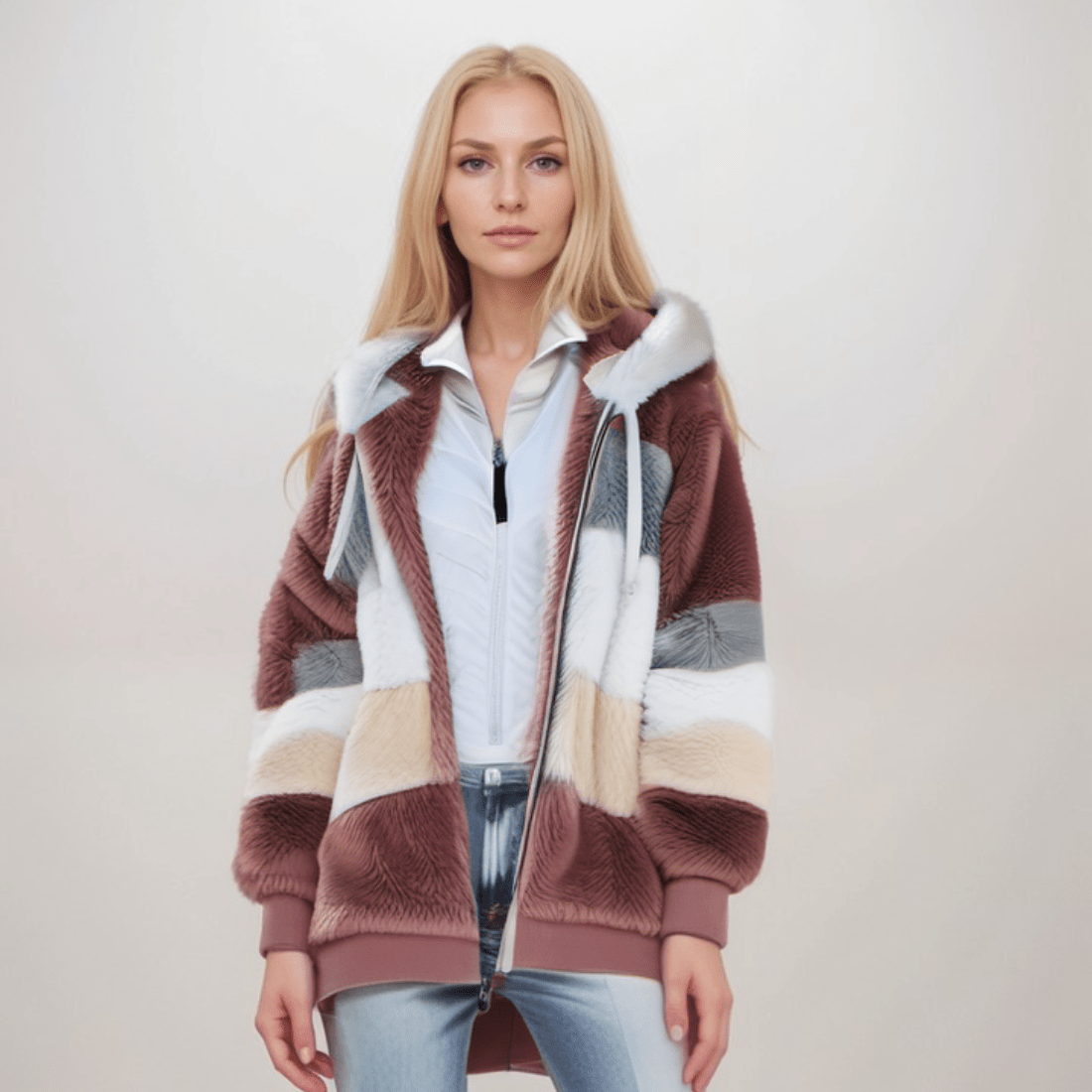 Natalia - Chaqueta de mujer con capucha y diseño a rayas en pelo sintético