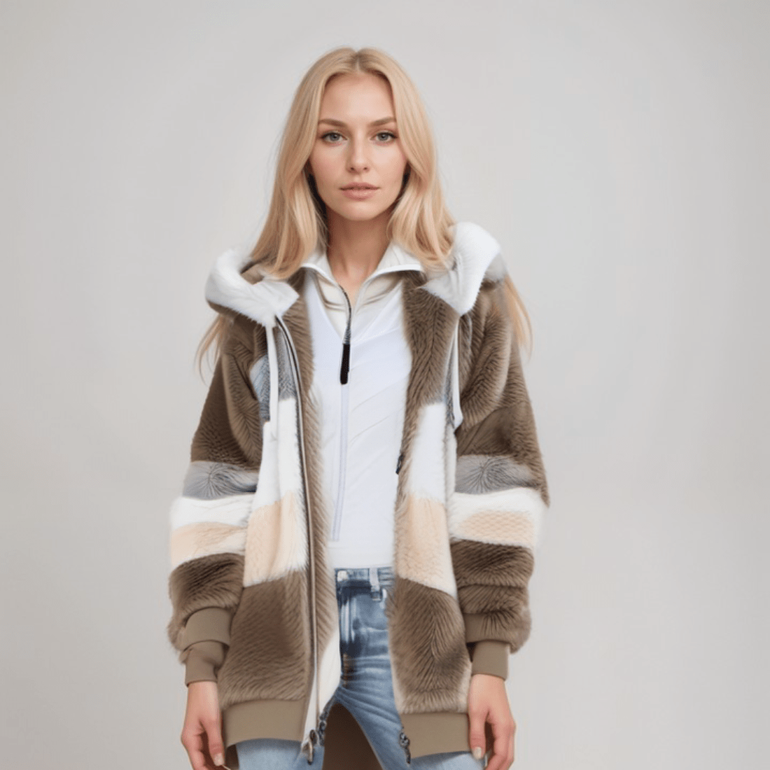 Natalia - Chaqueta de mujer con capucha y diseño a rayas en pelo sintético