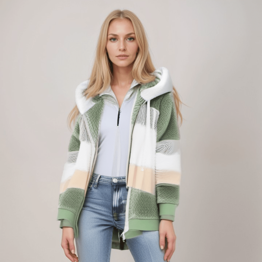 Natalia - Chaqueta de mujer con capucha y diseño a rayas en pelo sintético