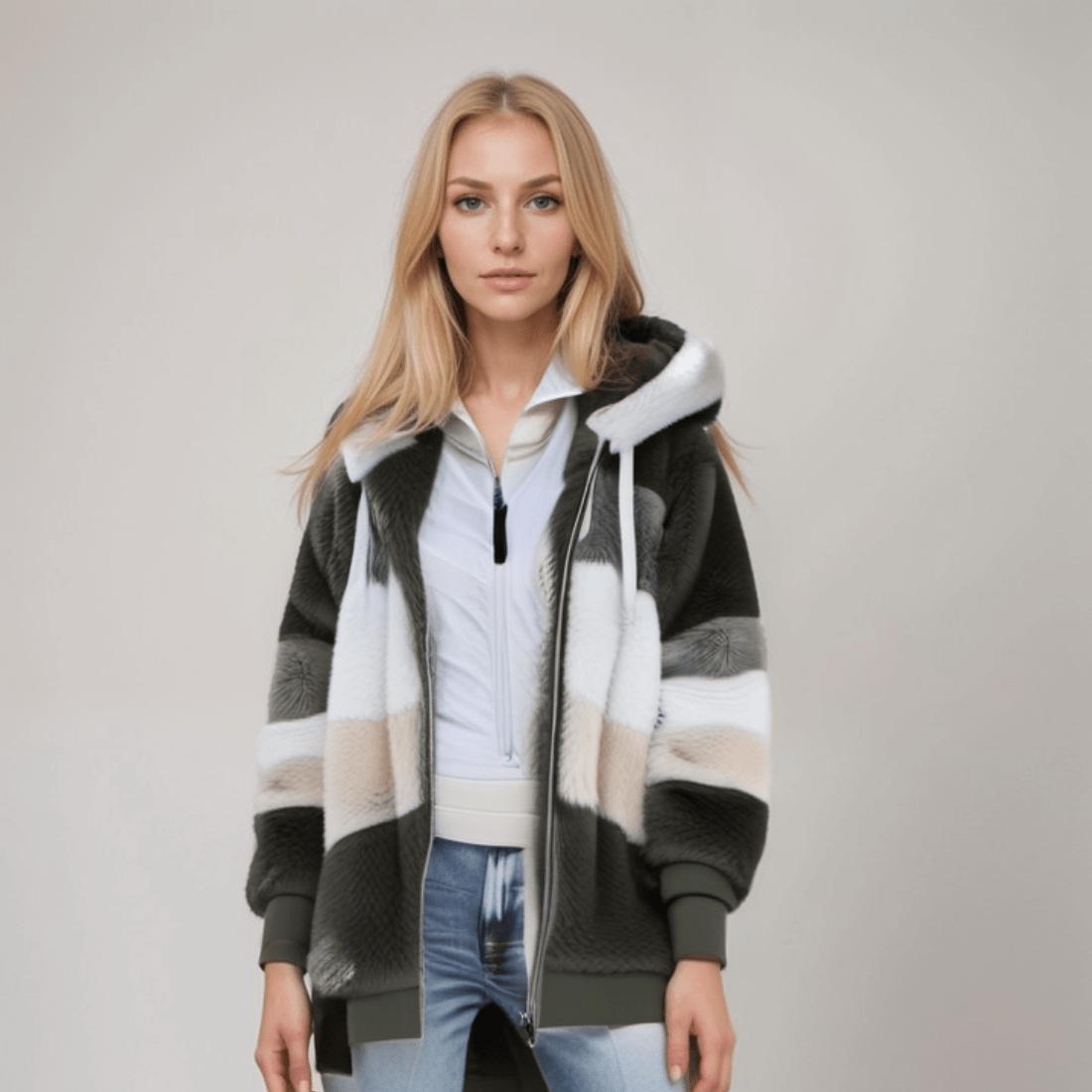 Natalia - Chaqueta de mujer con capucha y diseño a rayas en pelo sintético