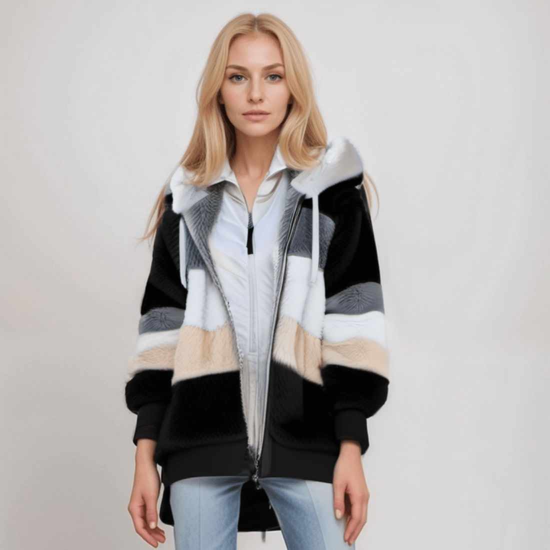 Natalia - Chaqueta de mujer con capucha y diseño a rayas en pelo sintético