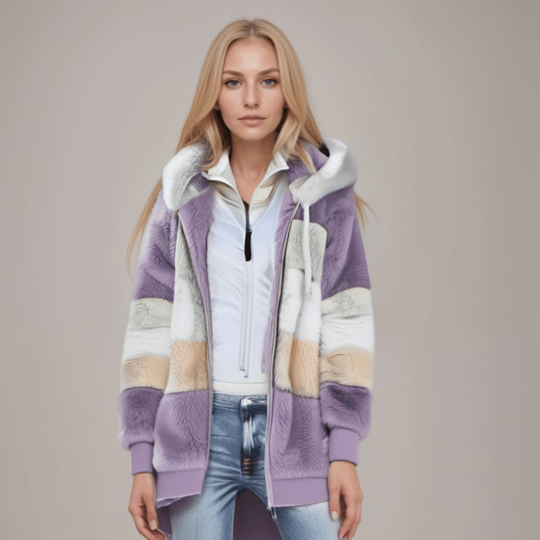 Natalia - Chaqueta de mujer con capucha y diseño a rayas en pelo sintético
