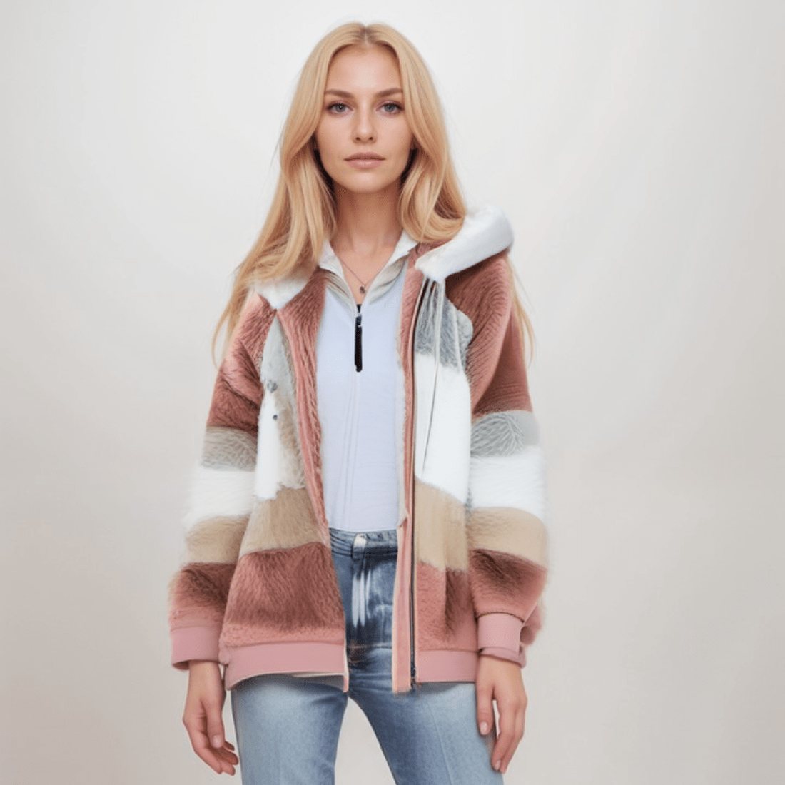 Natalia - Chaqueta de mujer con capucha y diseño a rayas en pelo sintético