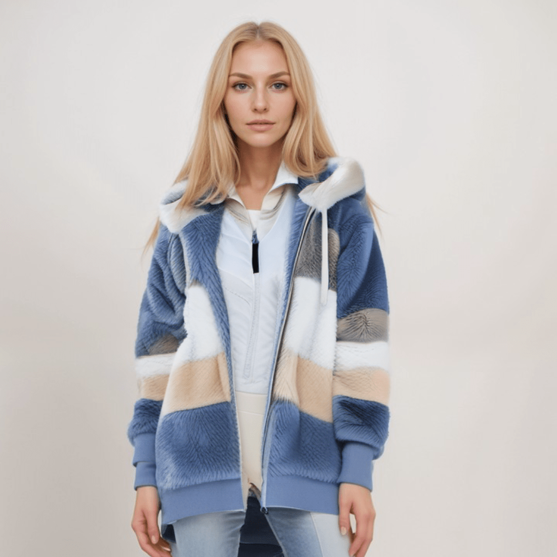 Natalia - Chaqueta de mujer con capucha y diseño a rayas en pelo sintético