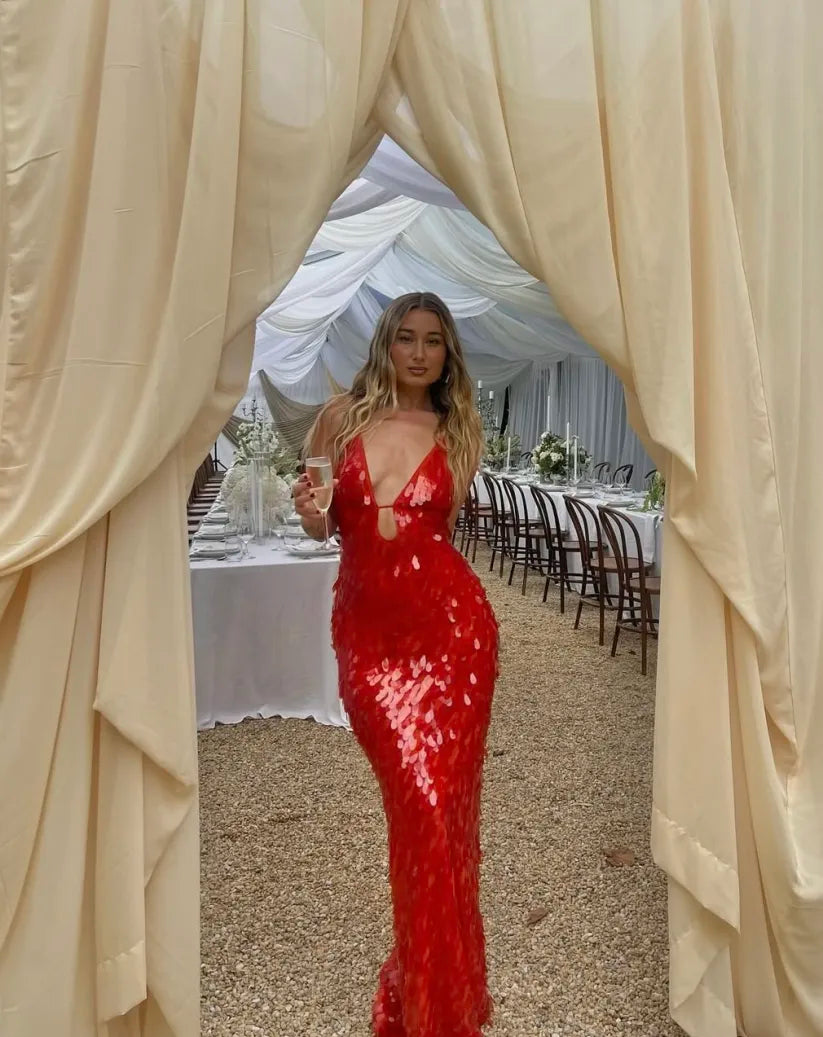 Valentina - Vestido largo de lentejuelas con tirantes finos mujer