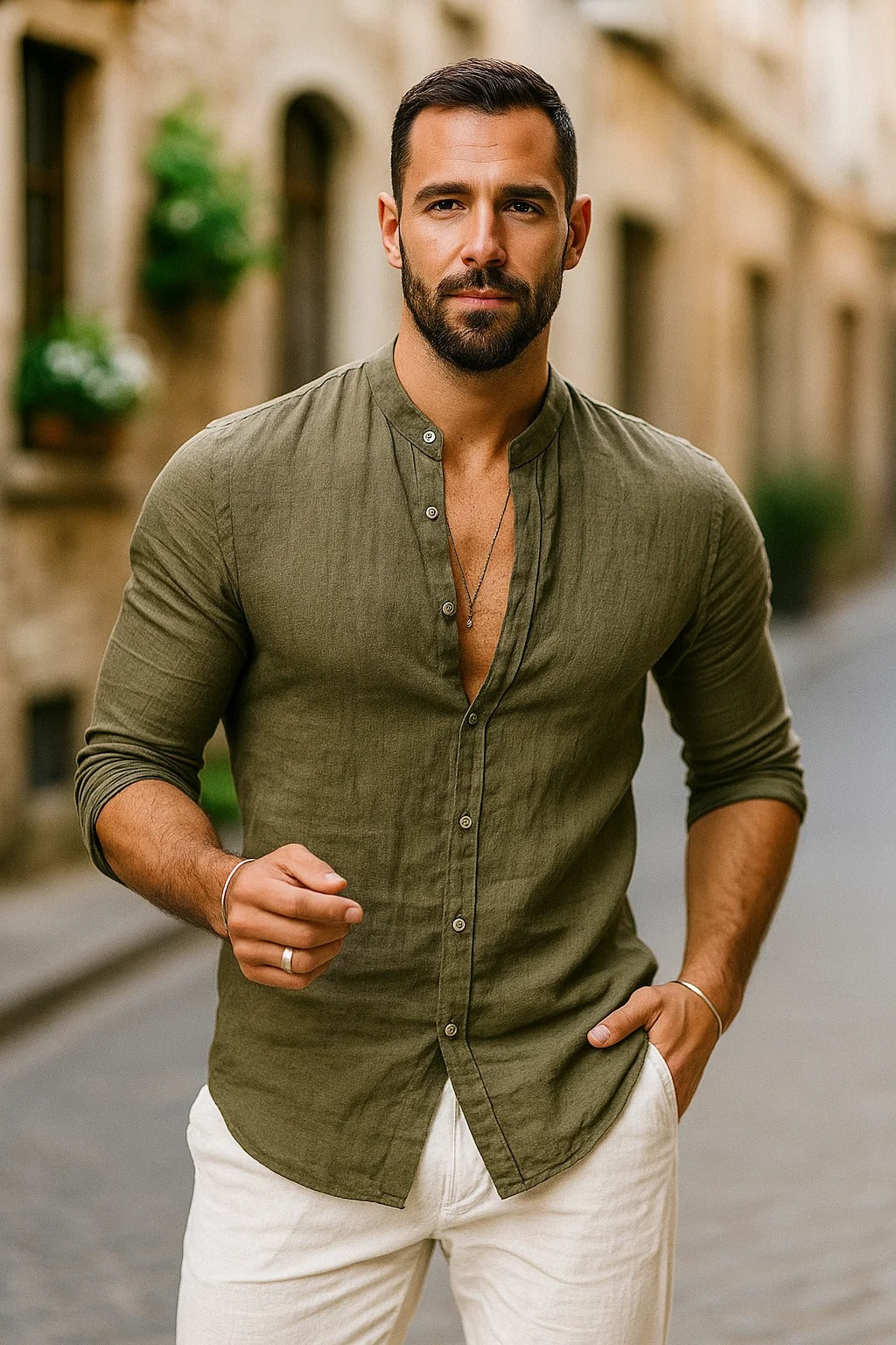 Gael – Camisa de lino con cuello mao y estilo casual elegante