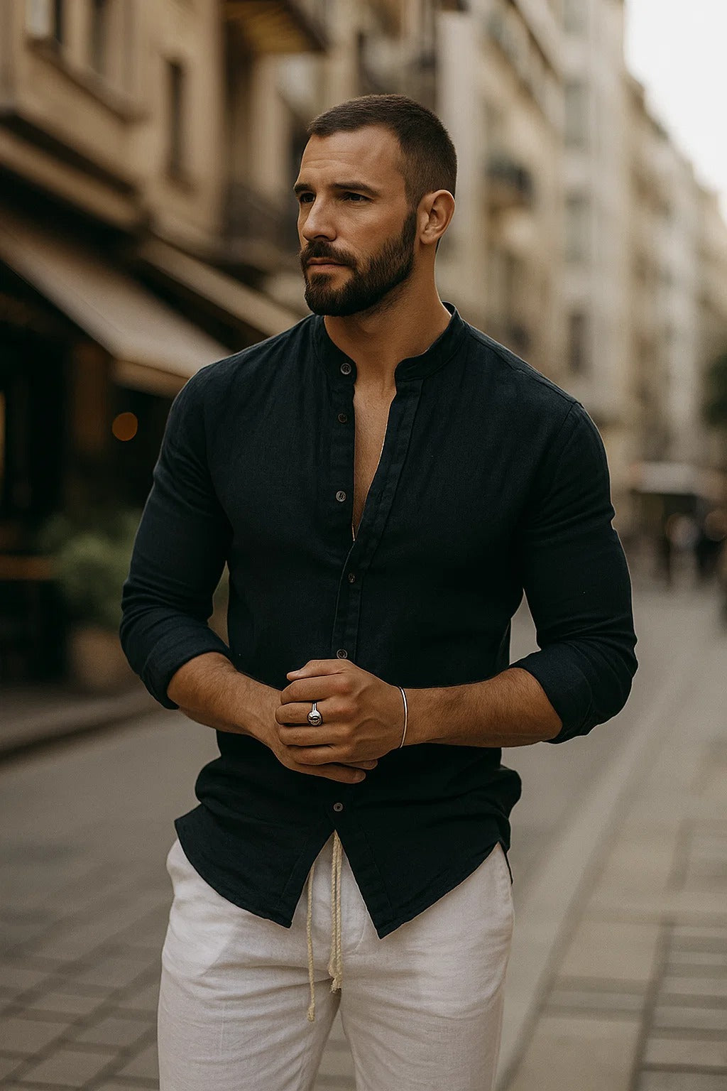 Gael – Camisa de lino con cuello mao y estilo casual elegante