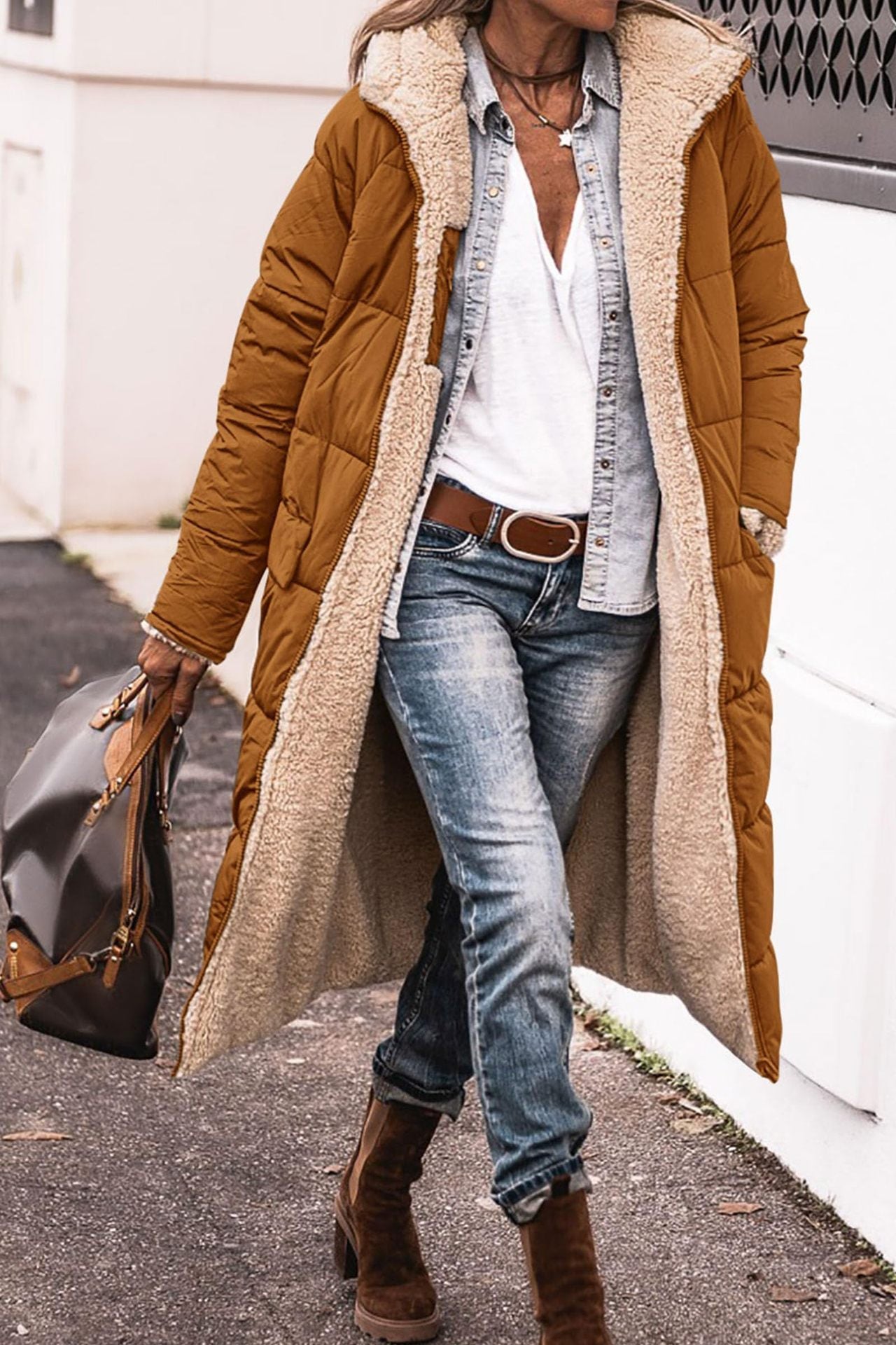 Valeria - Abrigo largo de invierno forrado con borreguito para mujer