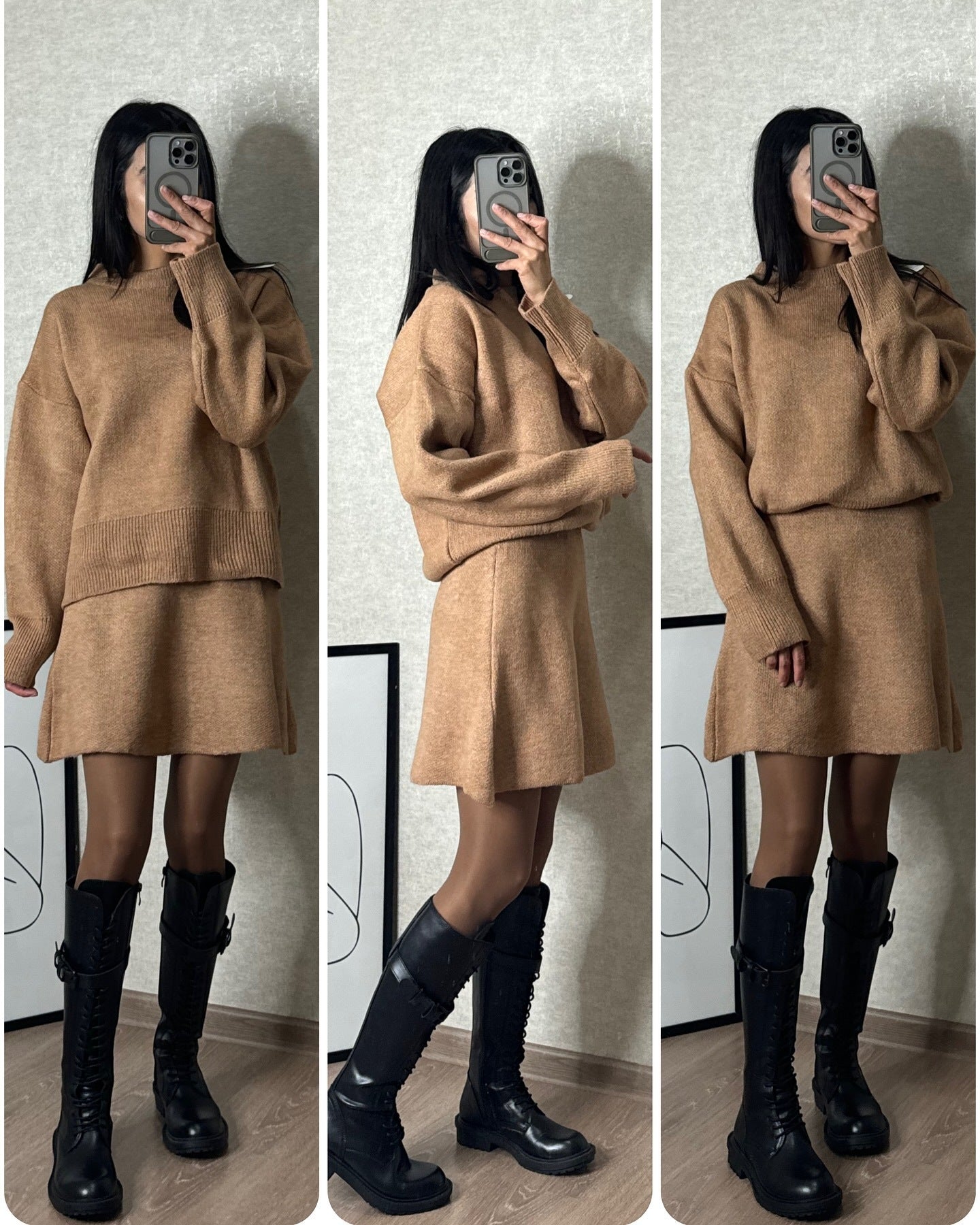 Sophia - Conjunto de suéter oversize y minifalda negra mujer