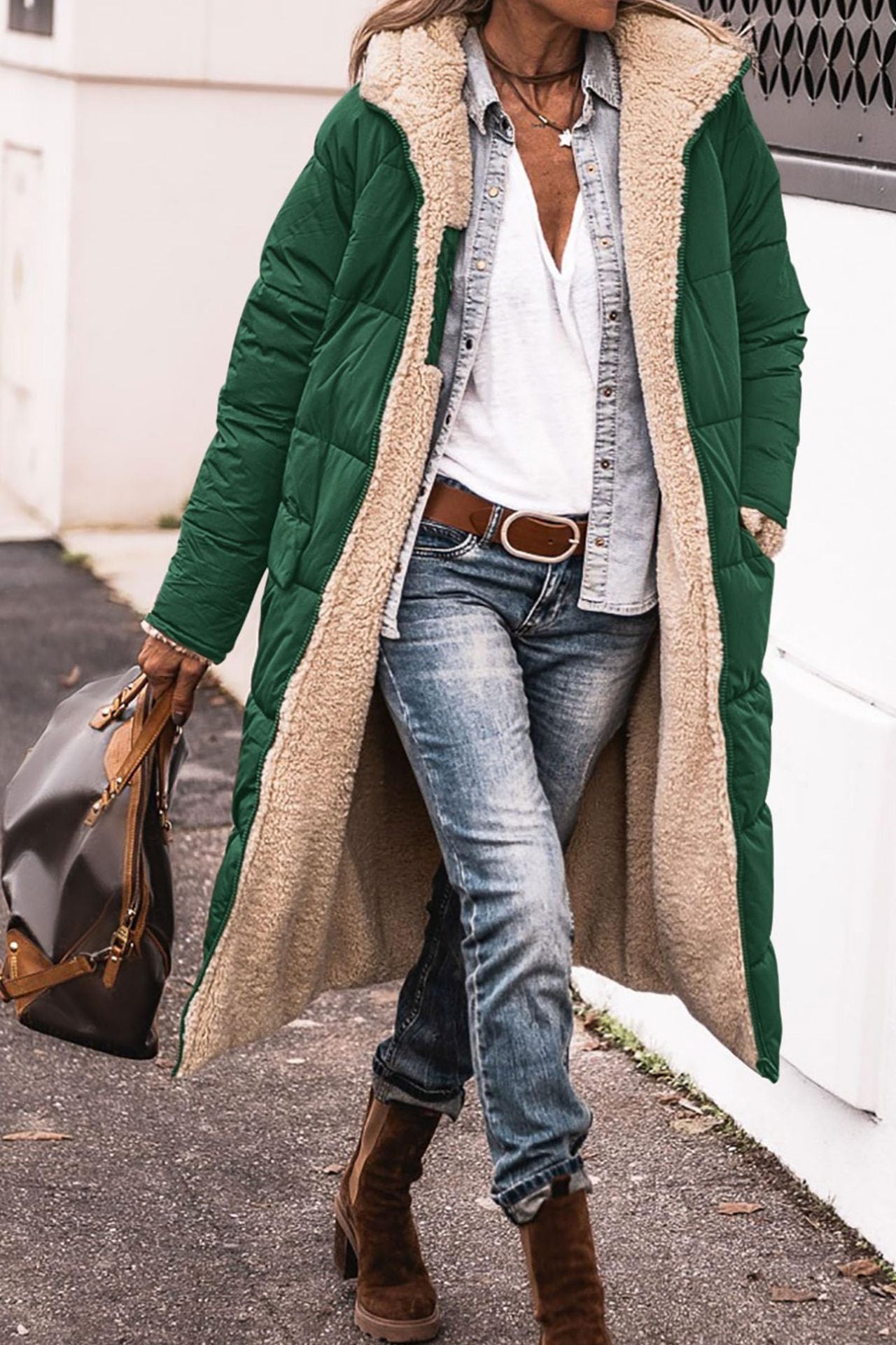 Valeria - Abrigo largo de invierno forrado con borreguito para mujer