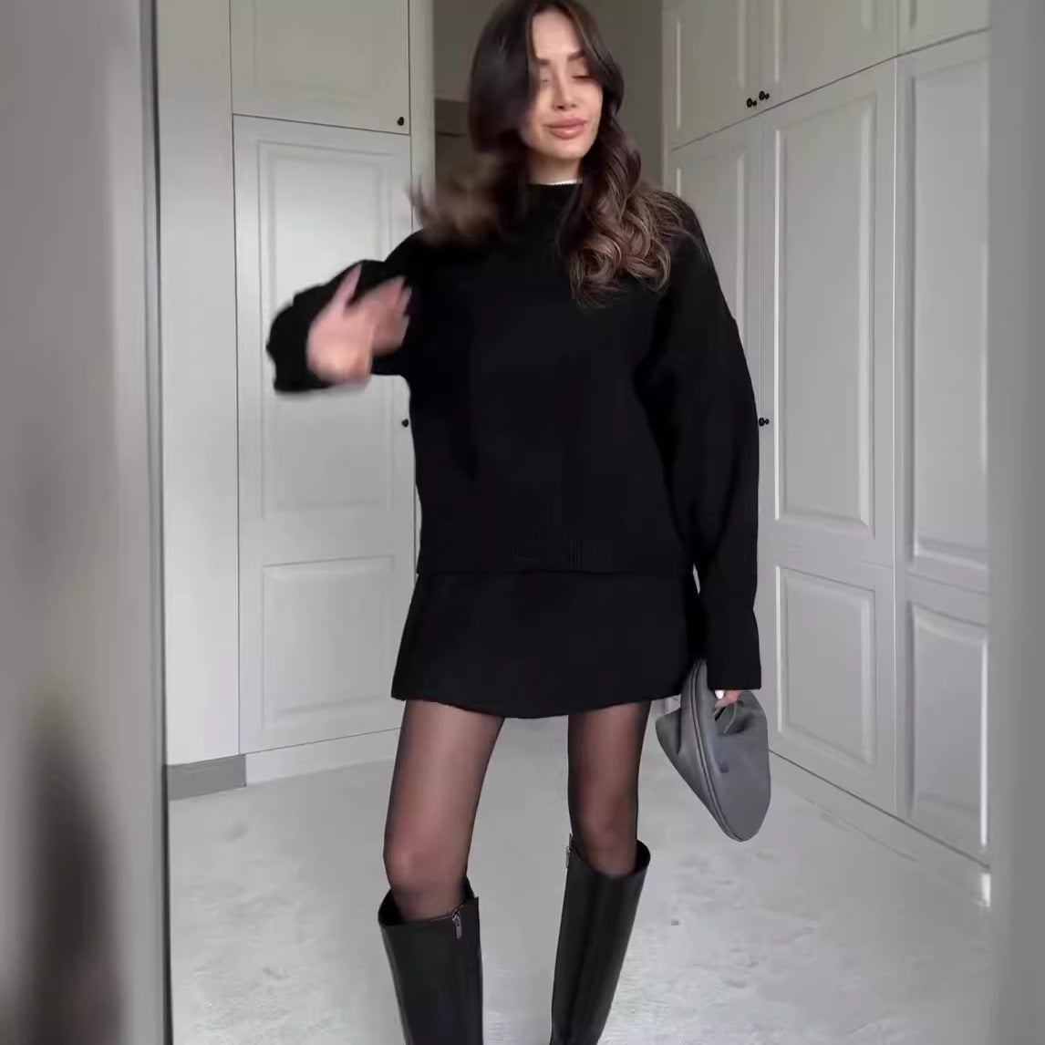 Sophia - Conjunto de suéter oversize y minifalda negra mujer