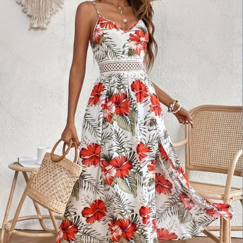 Isla – Vestido largo veraniego con estampado floral y detalle calado en la cintura