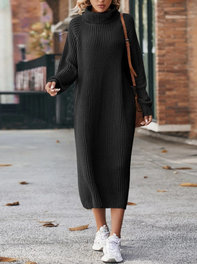 Clara - Vestido largo de punto marrón con cuello alto mujer