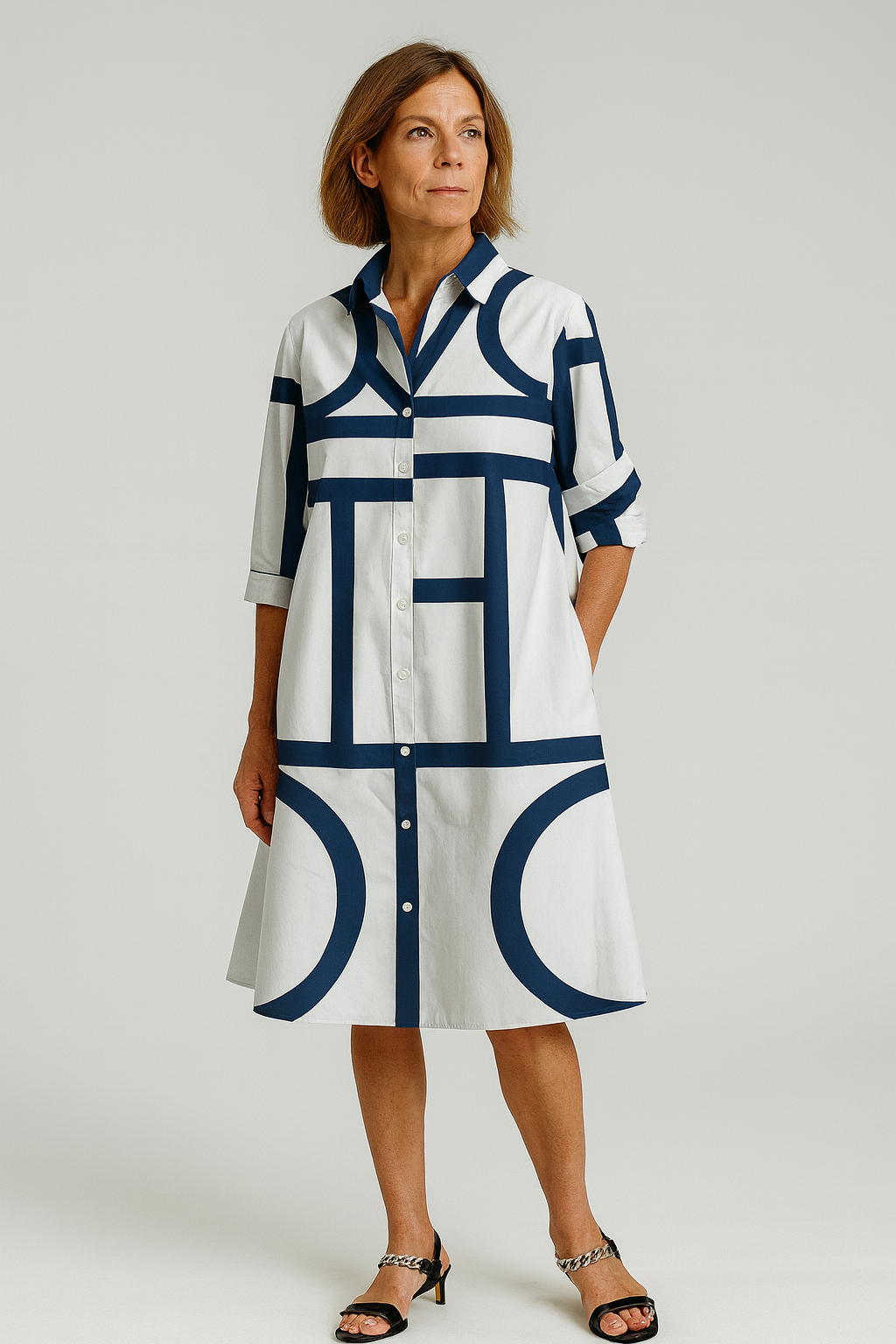 Clara - Vestido camisero femenino con estampado geométrico
