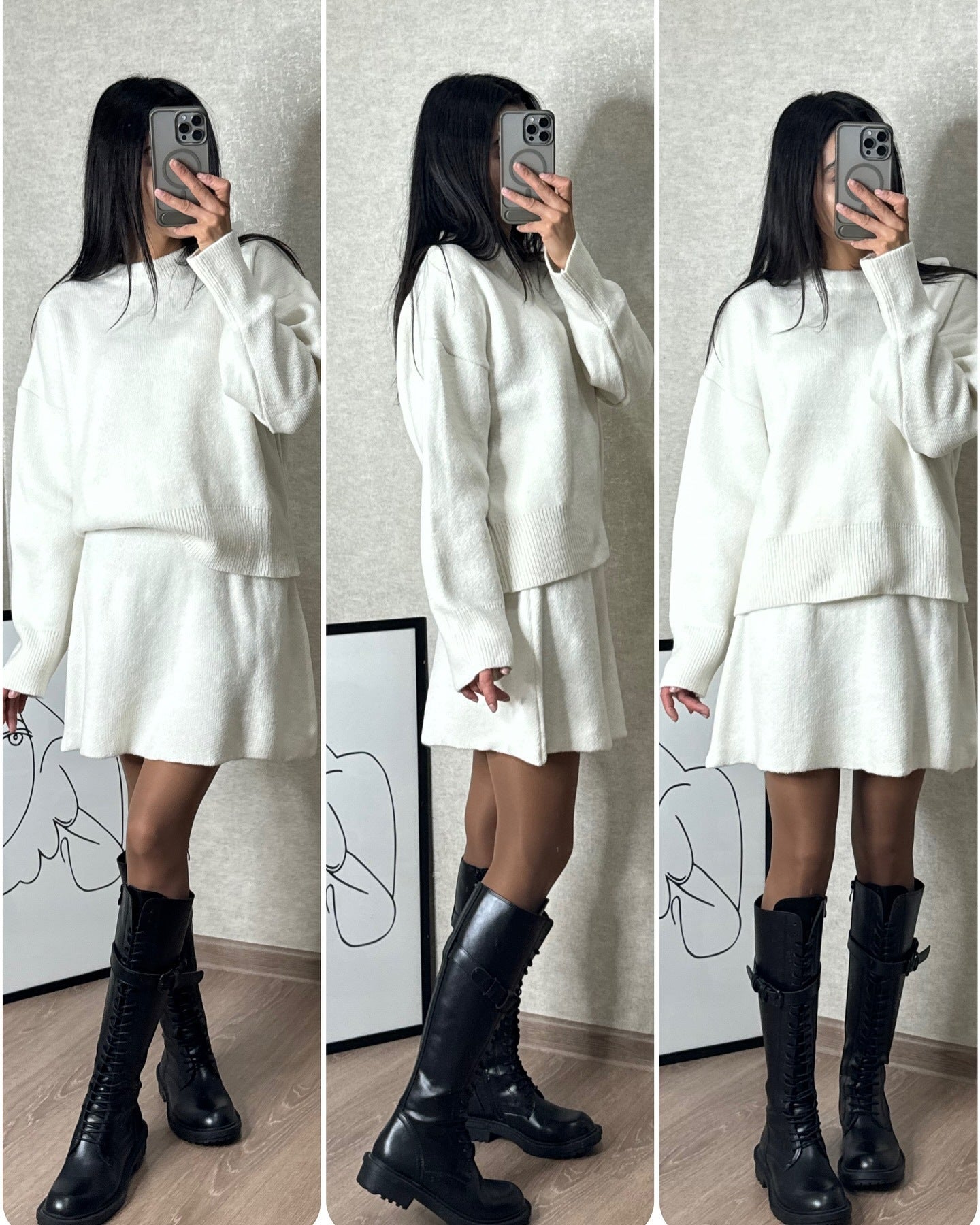 Sophia - Conjunto de suéter oversize y minifalda negra mujer
