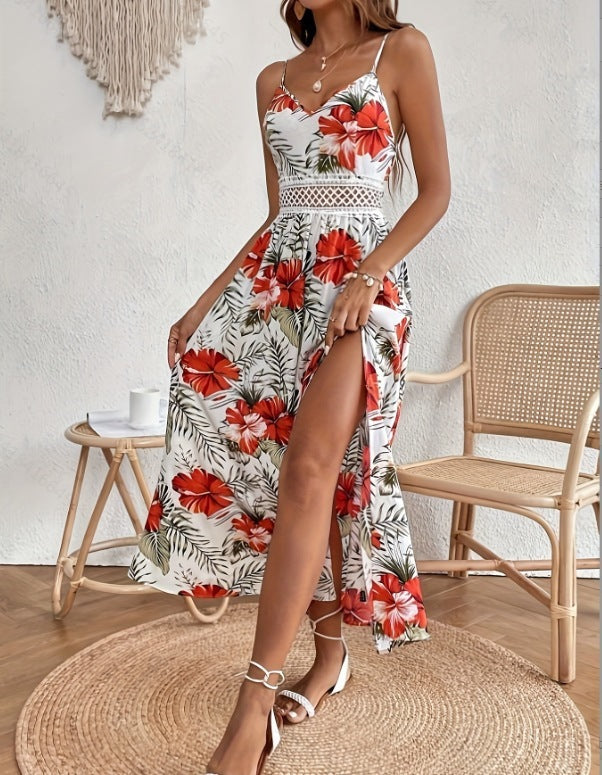 Isla – Vestido largo veraniego con estampado floral y detalle calado en la cintura