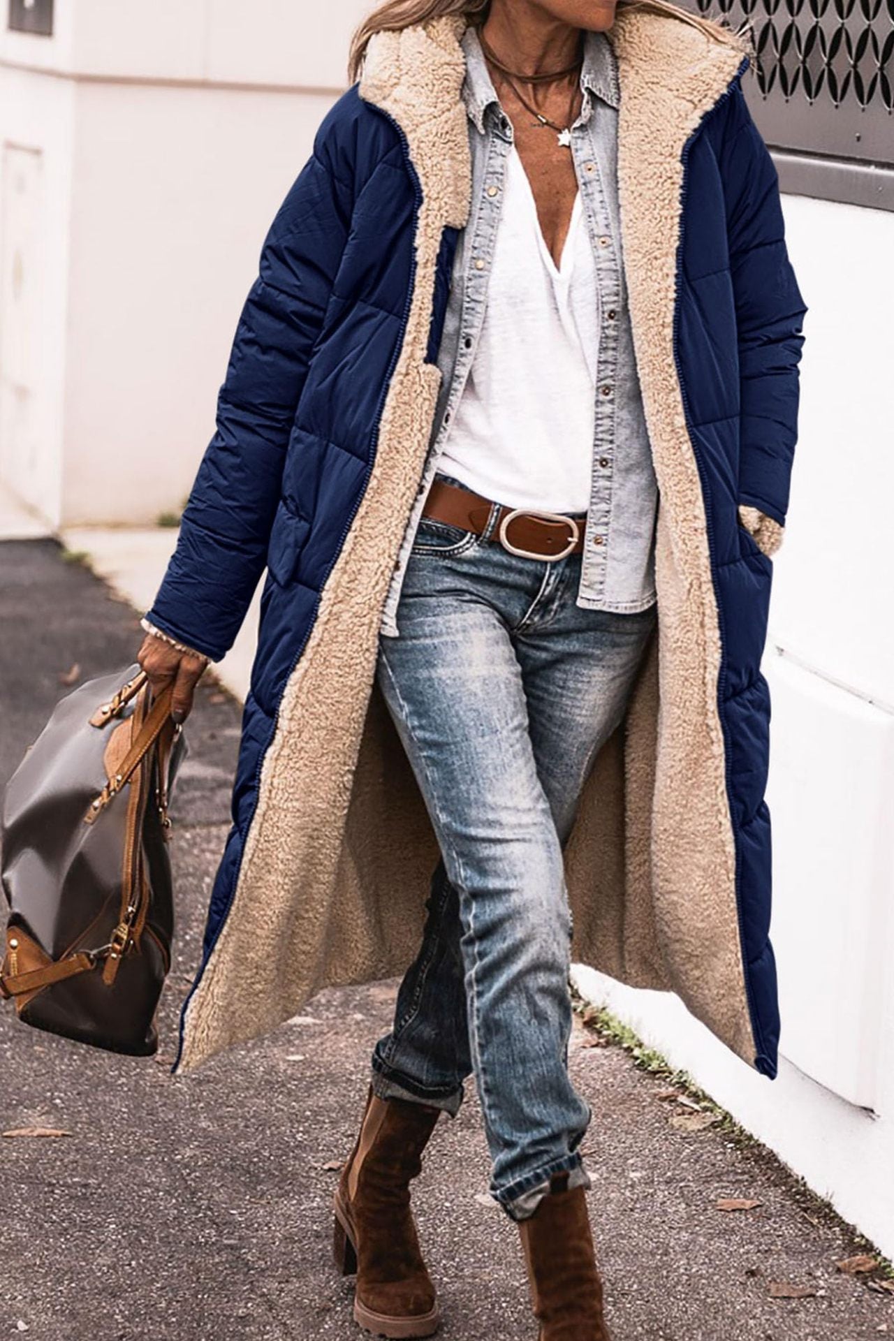 Valeria - Abrigo largo de invierno forrado con borreguito para mujer
