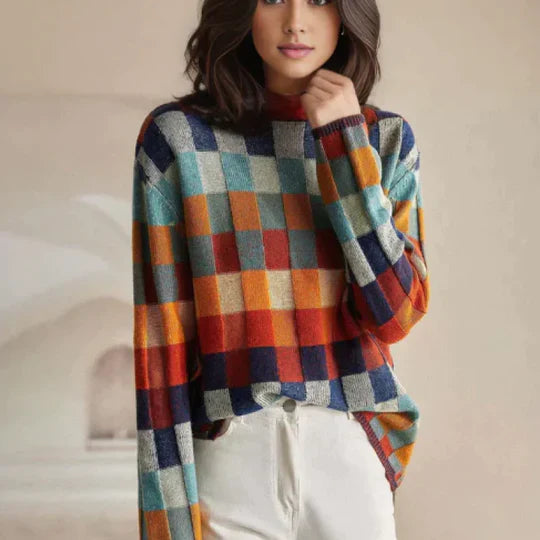 Marina – Jersey de Cuadros Retro de Cuello Alto para Mujer
