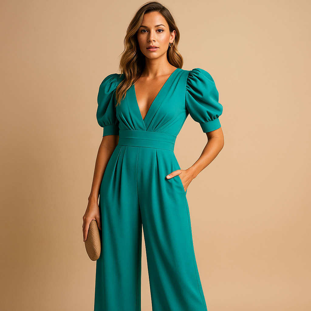 Camila - Mono elegante para mujer cuello en V manga abullonada