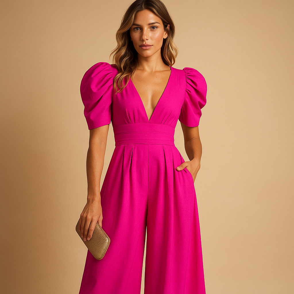 Camila - Mono elegante para mujer cuello en V manga abullonada