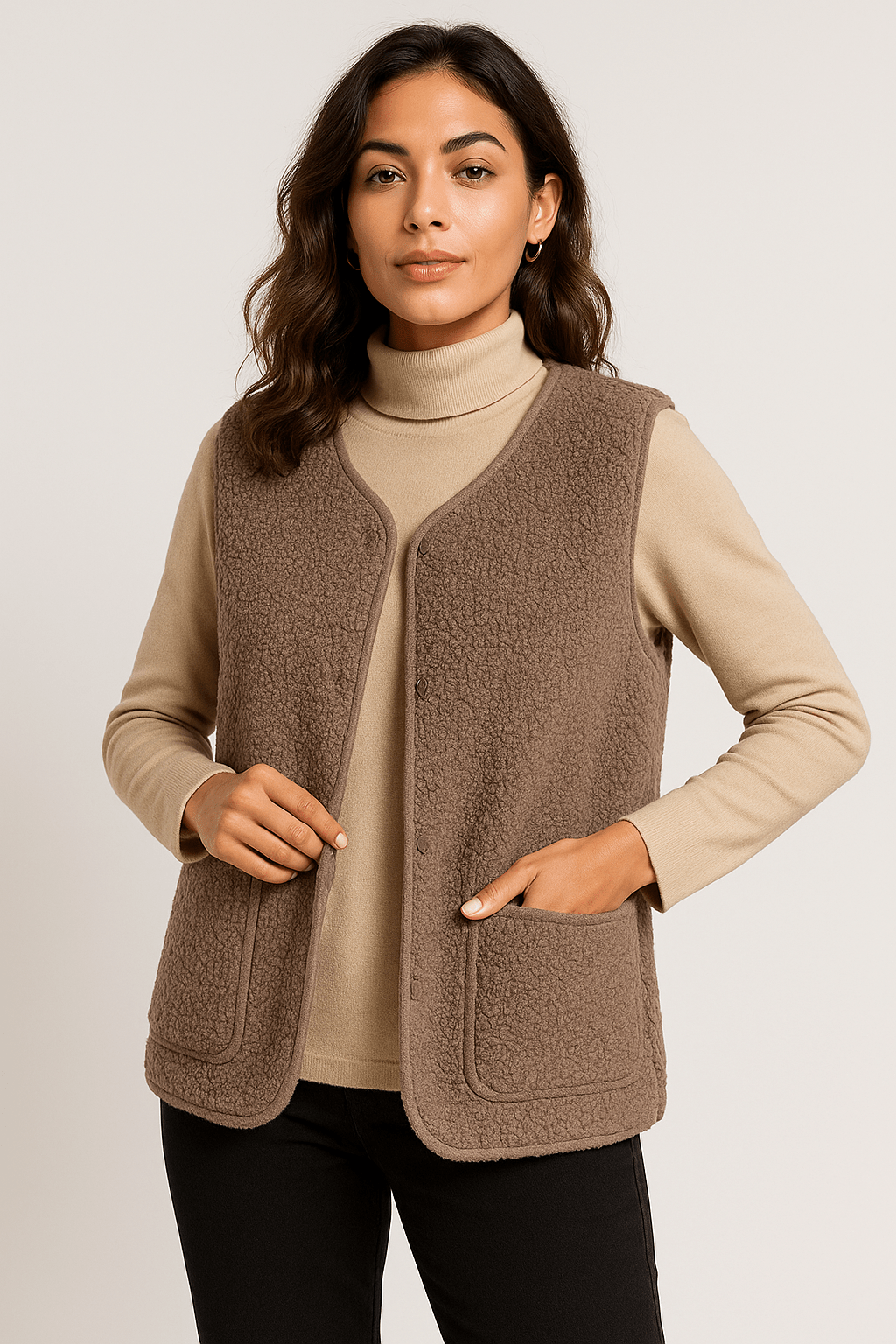 Lina – Chaleco Teddy Marrón de Invierno con Bolsillos