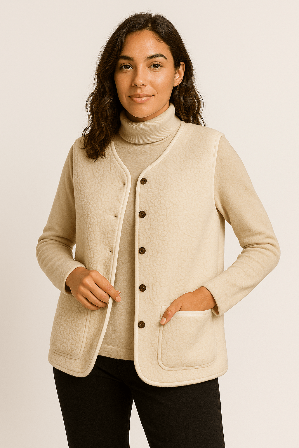 Lina – Chaleco Teddy Marrón de Invierno con Bolsillos