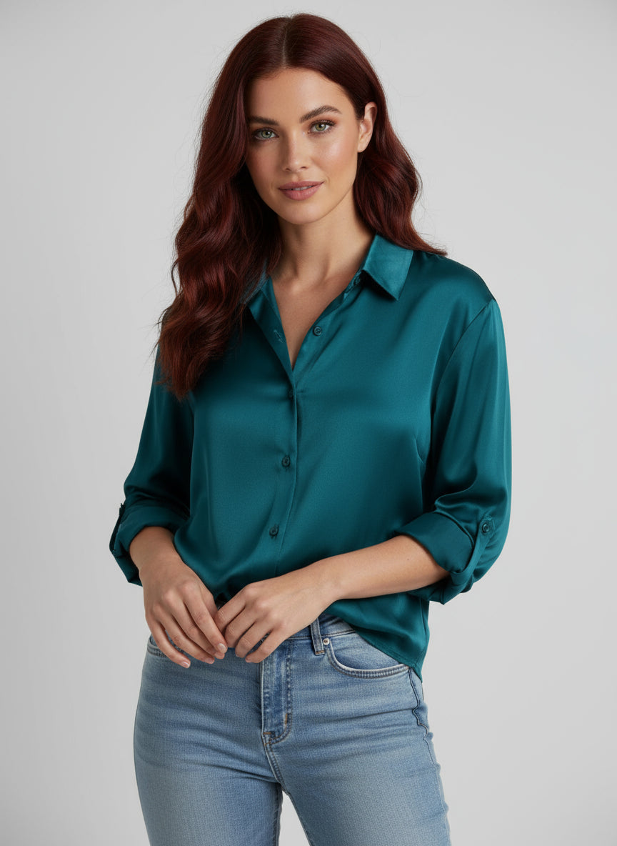 Eva – Blusa de lino con cierre de botones y mangas largas