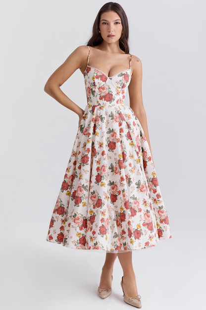 Claudia – Vestido Midi con Corset y Falda Evasé para Mujer