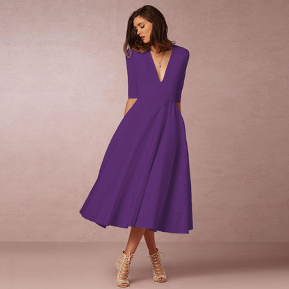 Isabella - Vestido midi de mujer con escote en V y mangas cortas