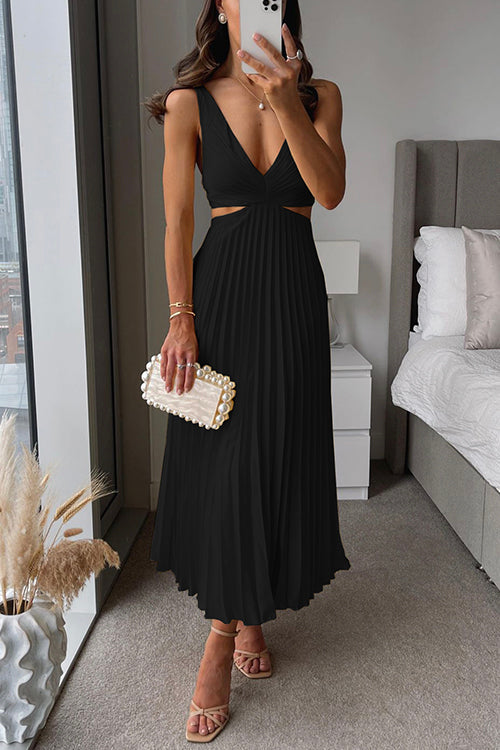 Marina - Vestido midi plisado con escote en V y aberturas laterales