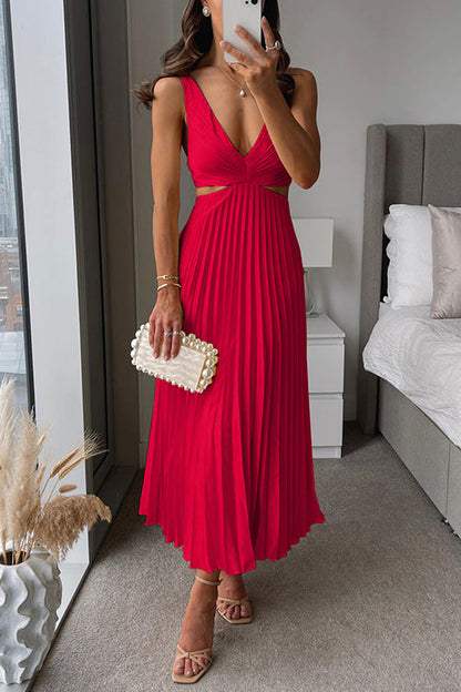 Marina - Vestido midi plisado con escote en V y aberturas laterales