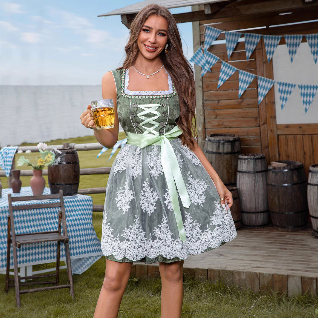 Luzia – Vestido Oktoberfest verde con encaje floral