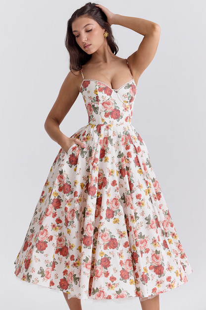 Claudia – Vestido Midi con Corset y Falda Evasé para Mujer