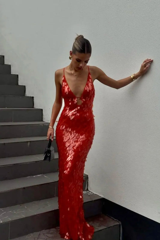 Valentina - Vestido largo de lentejuelas con tirantes finos mujer