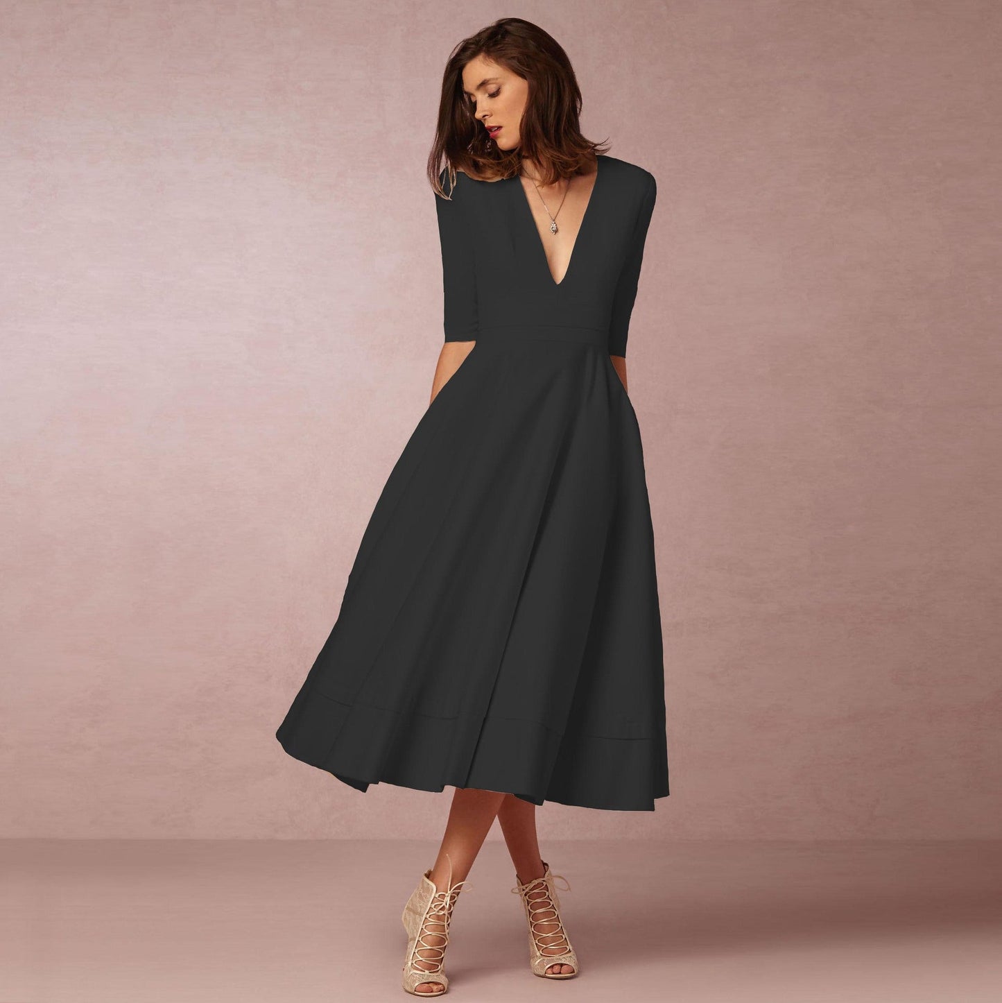 Isabella - Vestido midi de mujer con escote en V y mangas cortas
