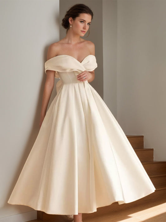 Sofía - Vestido de mujer midi con escote bardot y falda con vuelo