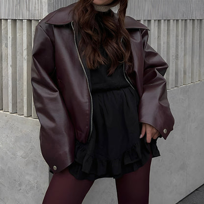 Nora - Chaqueta de cuero con cremallera y cuello amplio mujer