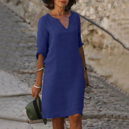 Elena – Vestido de lino con escote en V y mangas tres cuartos