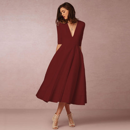 Isabella - Vestido midi de mujer con escote en V y mangas cortas